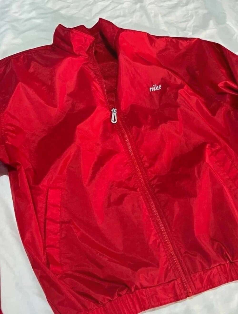 Vintage Nike Men's Red Full Zip Windbreaker Jacket Stand-Up Collar Bomber Size L